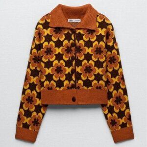 Zara Geometric brown yellow daisy hippy Retro sweater thanksgiving Small